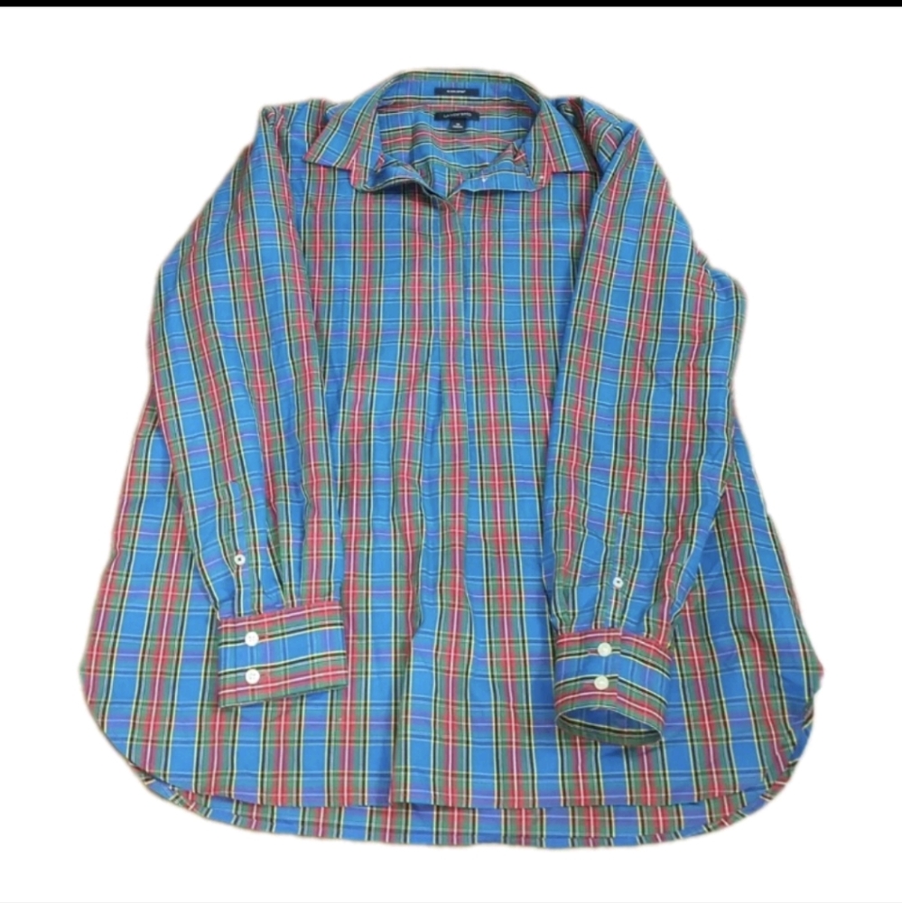 Land's End No Iron Suprima Women's Plaid Half Button Up Collared Shirt 16